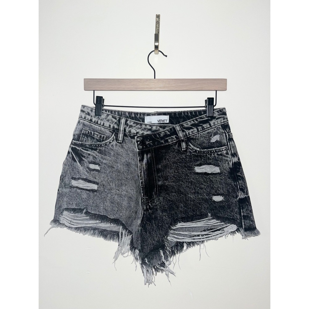 VERVET High Rise Sienna Asymmetrical Black Distressed Two Tone Denim Shorts | SM
